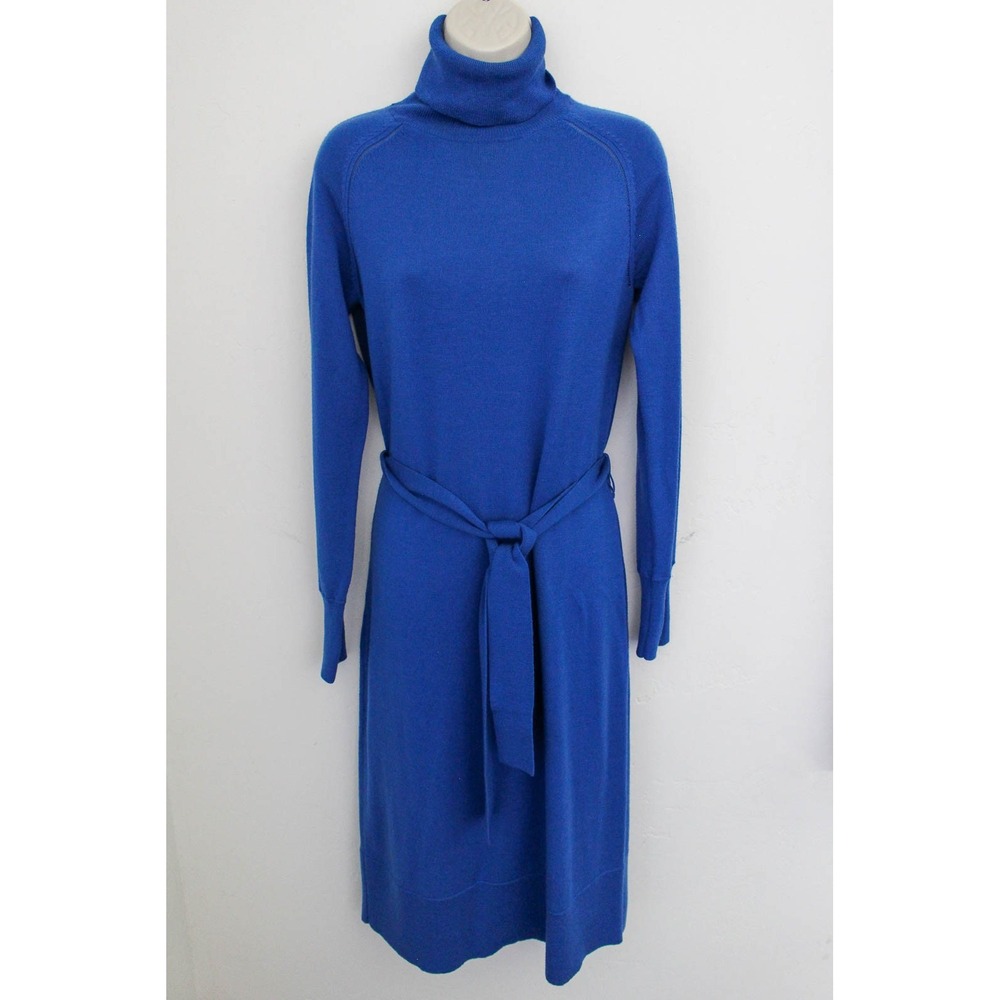 J. Peterman Sweater Dress Small Blue Merino Wool Pullover Turtleneck Belted Midi